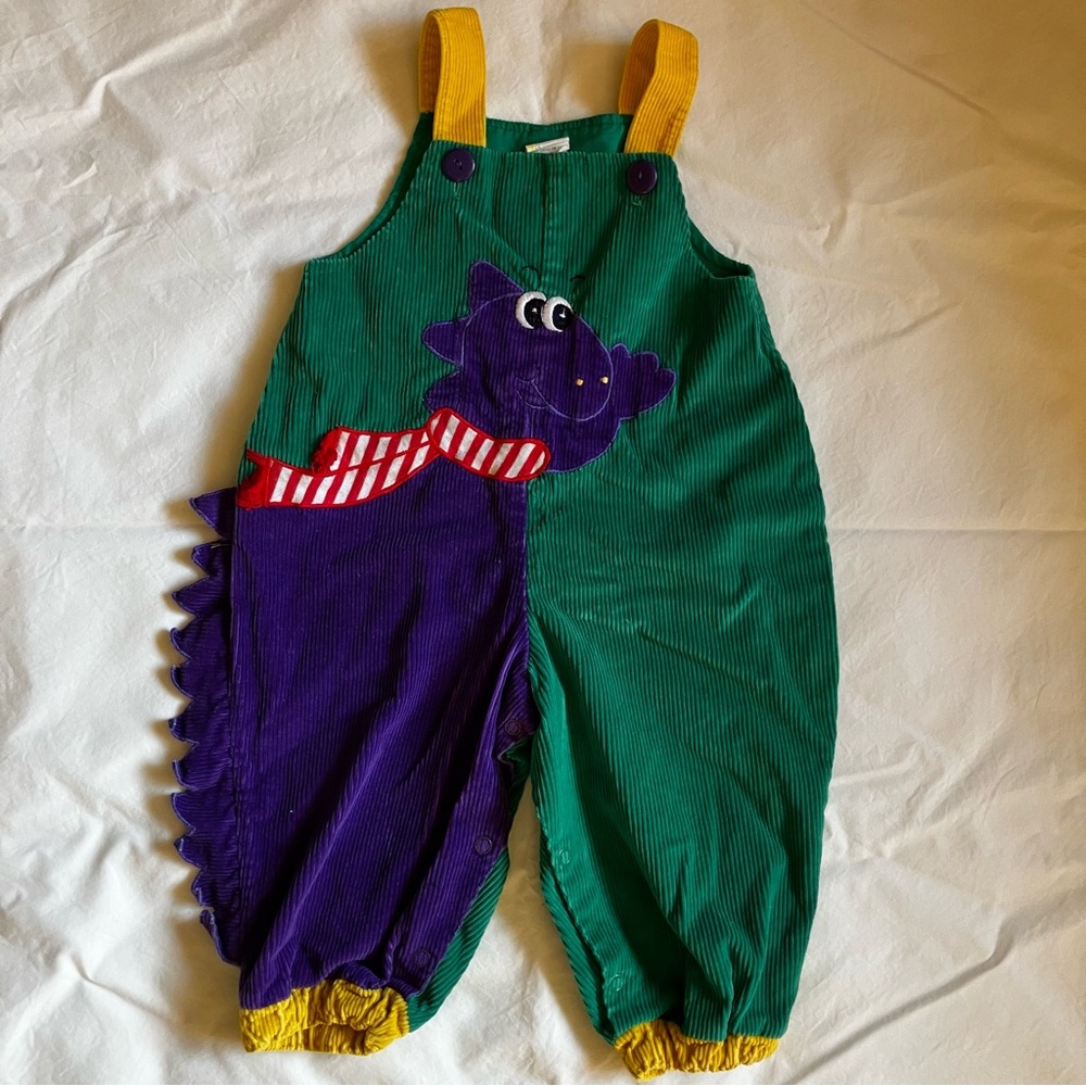 Green Toddler Overalls with Purple Dinosaur Design